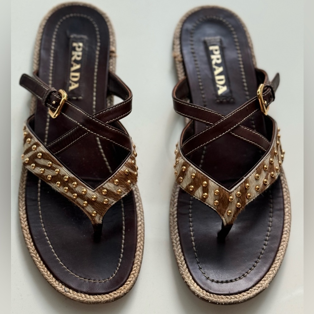 PRADA Thong Sandals, Brown Leather, gold studs, brown/cream hair. Size 7.5-8